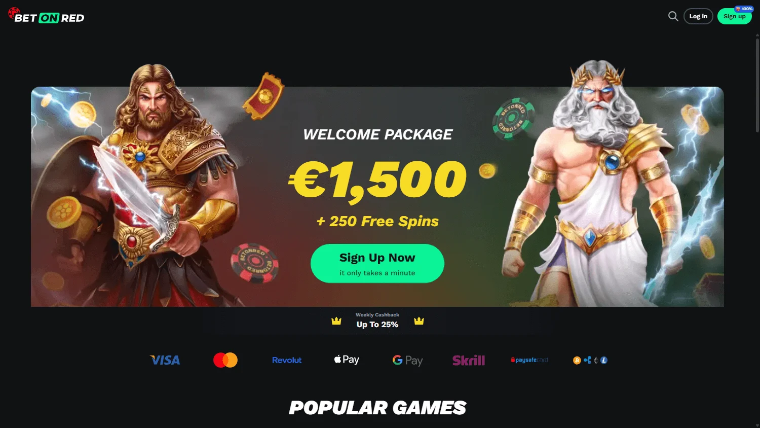 Betonred Casino desktop home interface with casino, live casino and betting options